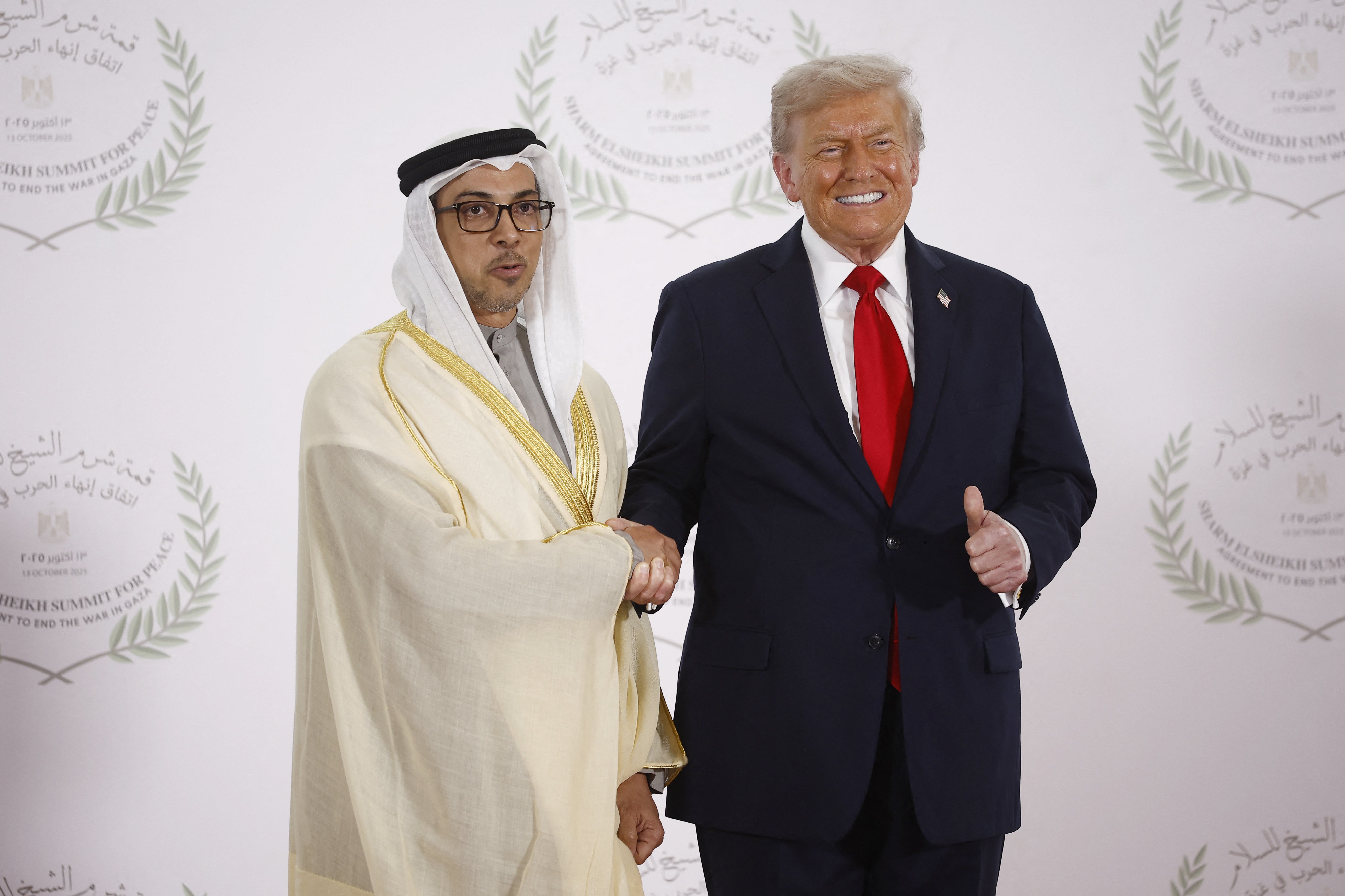 US President Donald Trump greets UAE Vice President and Deputy Prime Minister Sheikh Mansour bin Zayed al-Nahyan and praises his ‘unlimited cash’