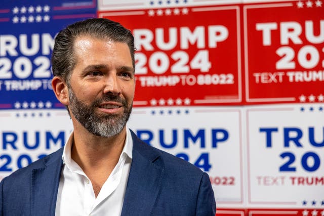 <p>Donald Trump Jr campaigning for his father in Charleston, South Carolina in February 2024</p>