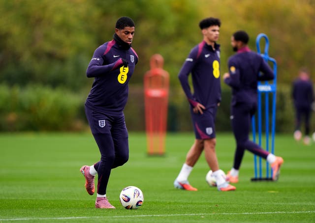 <p>England’s Marcus Rashford during a training session on Monday</p>
