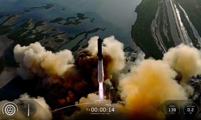 <p>This image made from video provided by SpaceX shows Starship's 11th flight test launching from Starbase, Texas, Monday, Oct. 13, 2025</p>