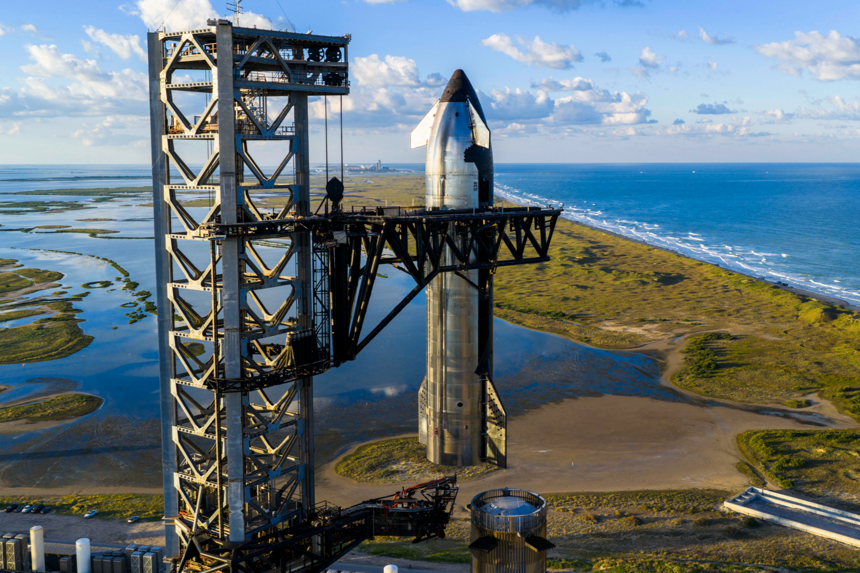 A SpaceX Starship preparing for a launch at the company’s Starbase facility in Texas