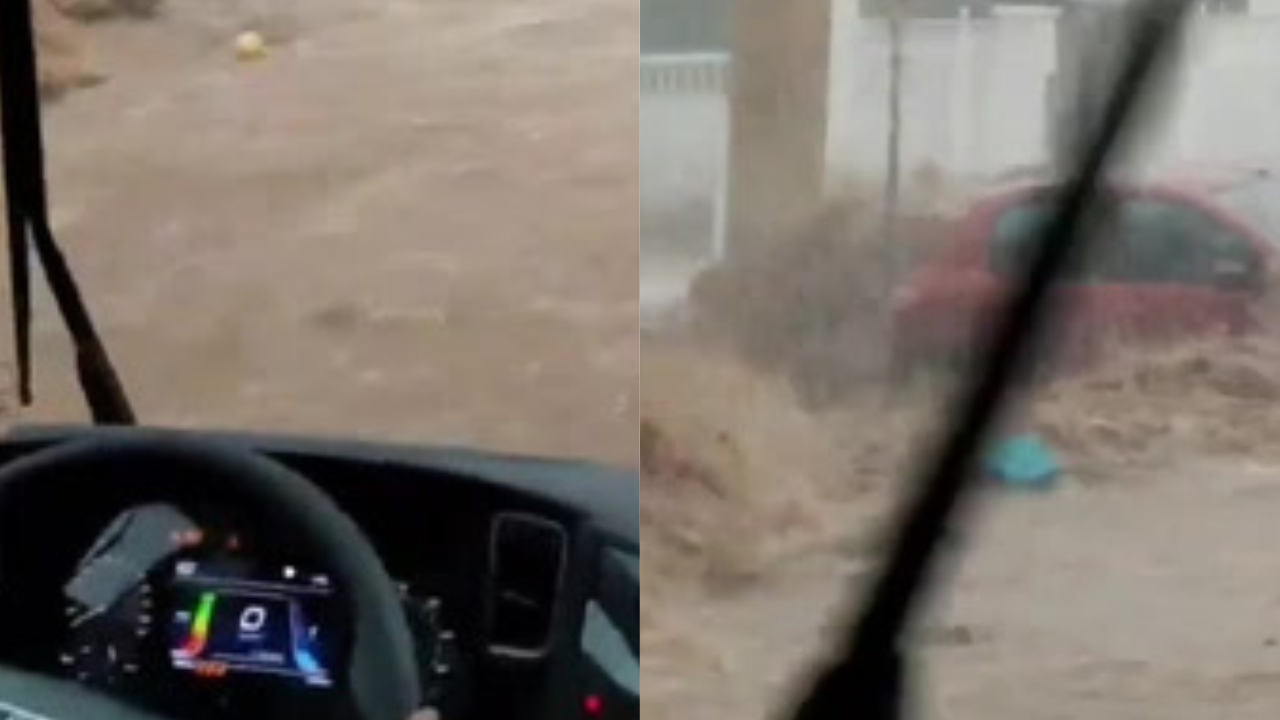 <p>Trapped drivers battle raging torrents of mud water as flash floods rip through Spanish towns.</p>