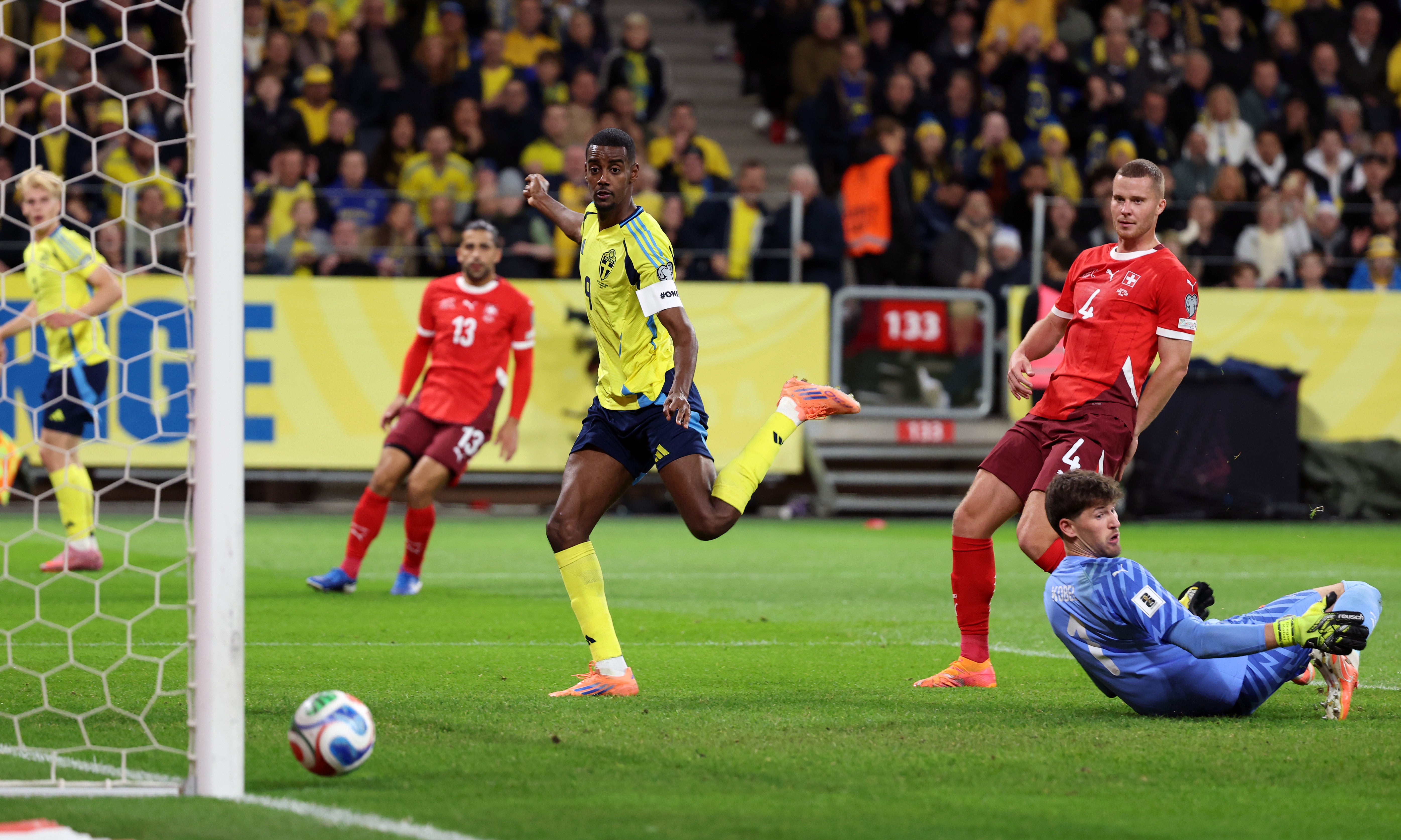 Alexander Isak hits the post against Switzerland