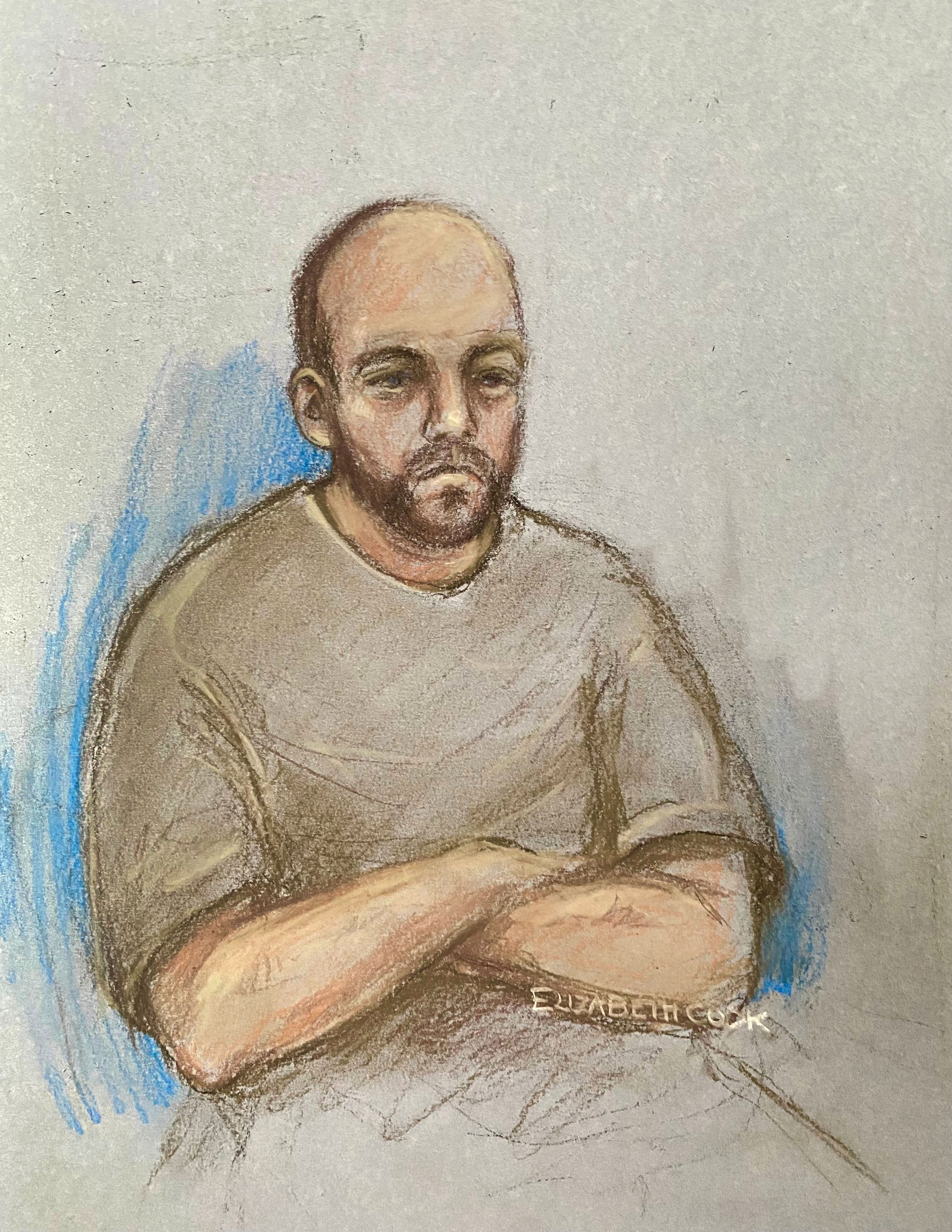 Court artist drawing by Elizabeth Cook of Samuel Dodsworth appearing at Leeds Crown Court via video link from HMP Wakefield, charged with murdering disgraced rock star Ian Watkins