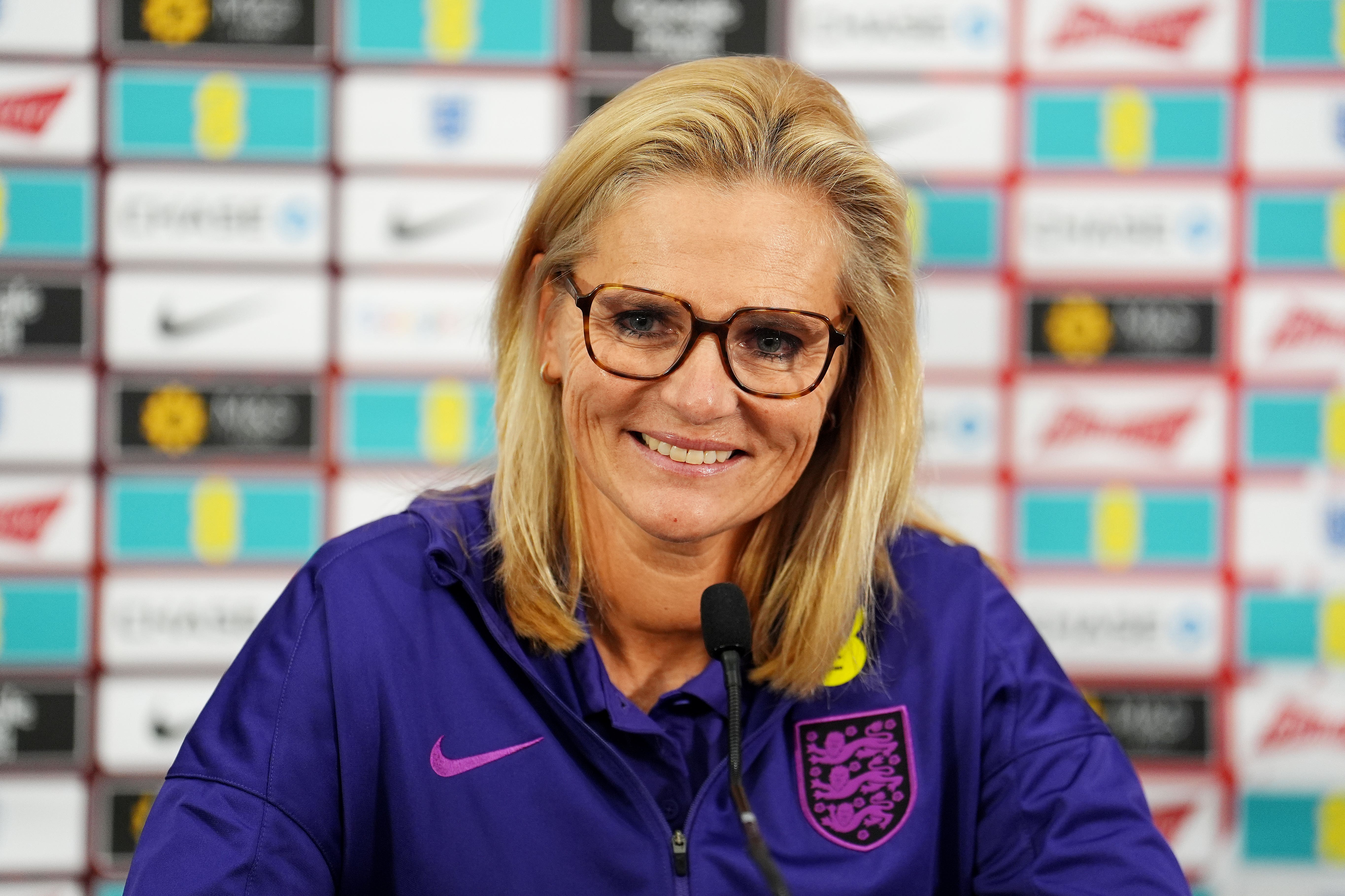 <p>England manager Sarina Wiegman during a squad announcement at St George’s Park (Martin Rickett/PA)</p>