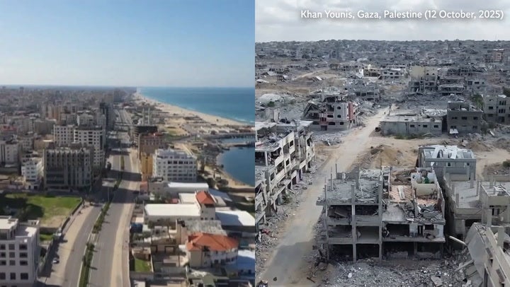 Drone footage shows Gaza before and after war in shocking scale of destruction.
