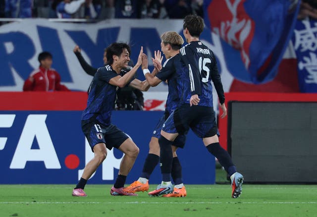 <p>Japan's Keito Nakamura celebrates a goal during a friendly with Brazil in Japan</p>