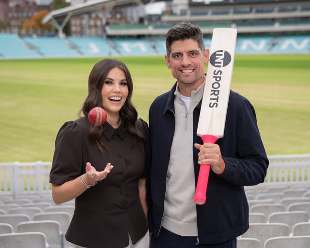 <p>Alastair Cook (right) and presenter Becky Ives</p>