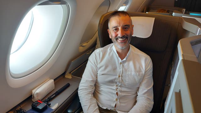 <p>Ted Thornhill in business class aboard a British Airways A380</p>