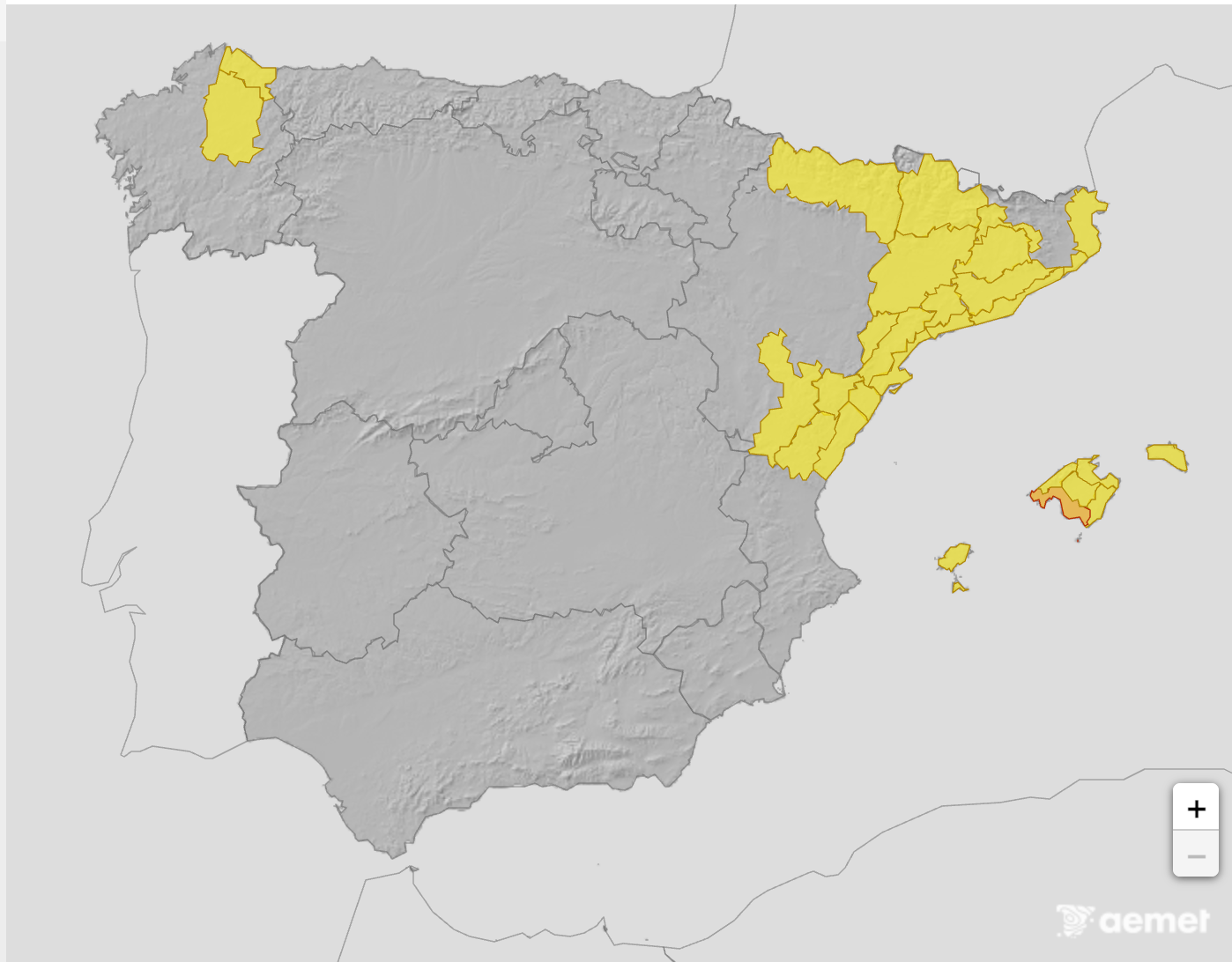 A map shows that yellow weather alerts for rain remain in place in northeast Spain