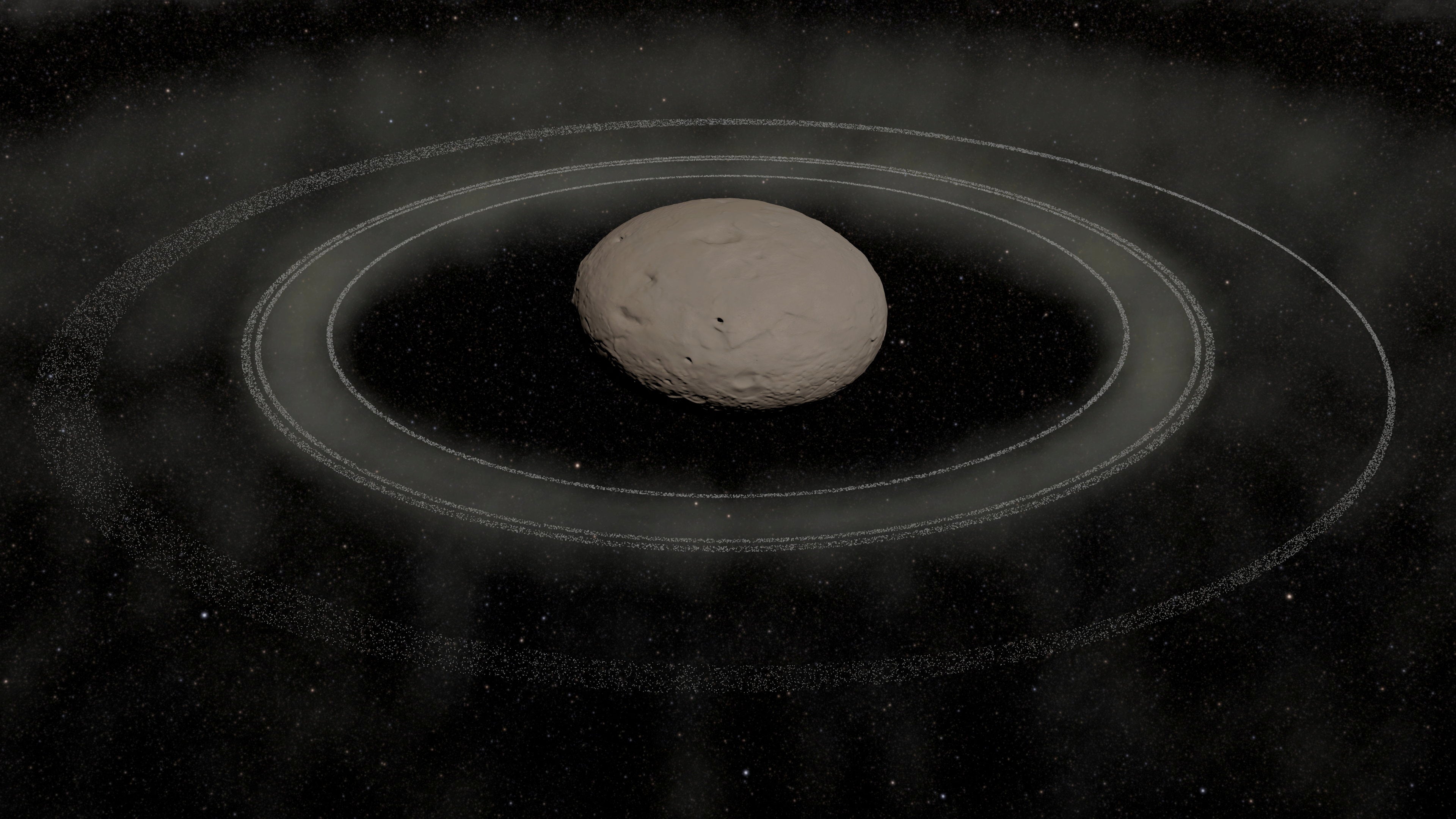 The centaur object (2060) Chiron, which orbits the sun between the orbits of Saturn and Uranus, and its ring system