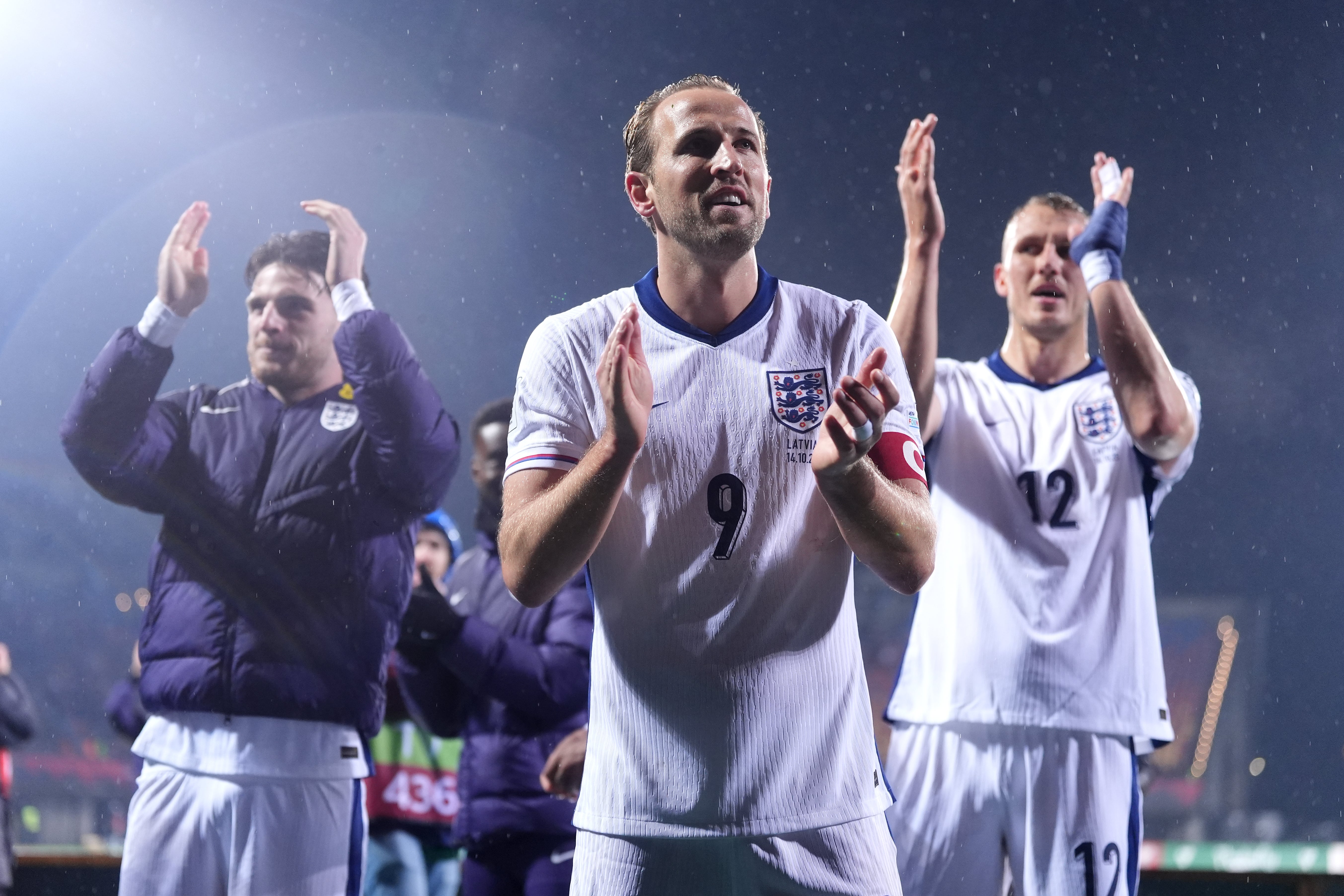 England captain Harry Kane leads the celebrations in Riga