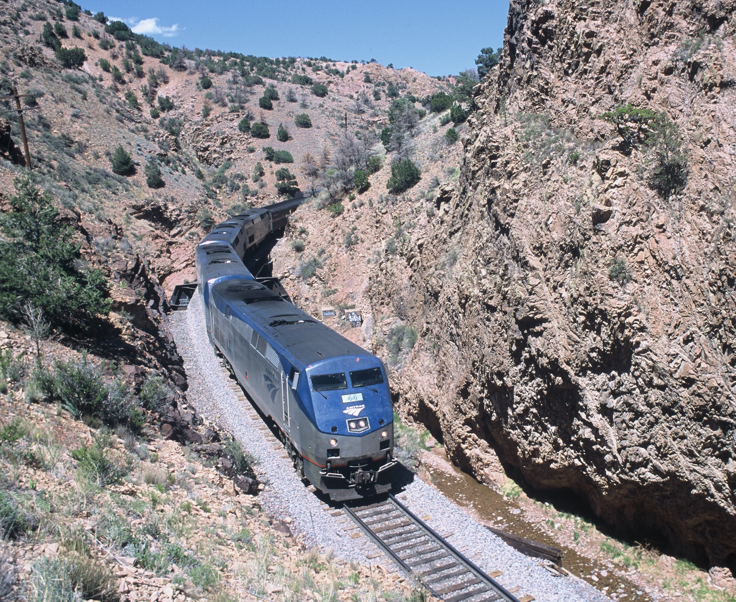 The Southwest Chief passes through a desert canyon