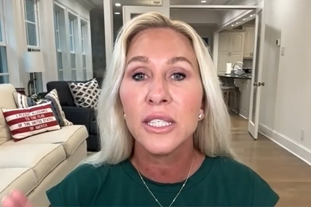 <p>Marjorie Taylor Greene appears on the conservative TV station Real America's Voice on Tuesday to slam her fellow Republicans for 'doing nothing' about rising prices</p>