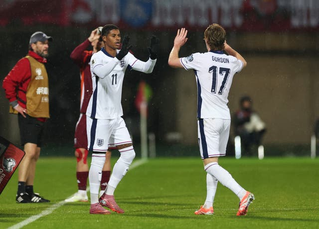 <p>England's Marcus Rashford comes on as a substitute to replace Anthony Gordon </p>