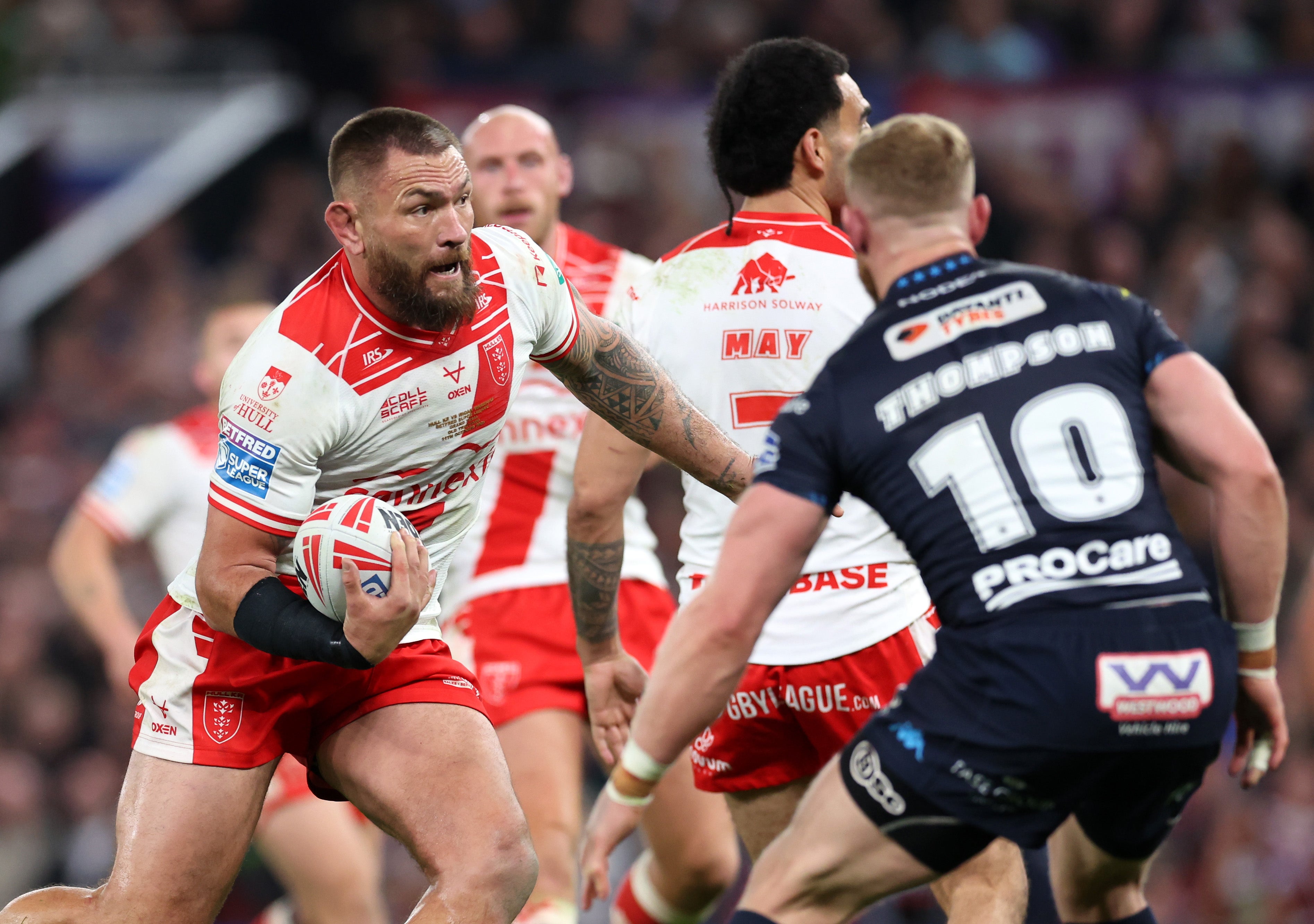 <p>Jared Waerea-Hargreaves of Hull KR makes a run during the Betfred Super League Grand Final between Hull Kingston Rovers and Wigan Warriors</p>