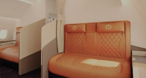 Magnifica Air plans to launch scheduled flights using Airbus aircraft that will be a hybrid experience – a cross between premium business travel and a private jet experience. The rendering image is a sofa suite