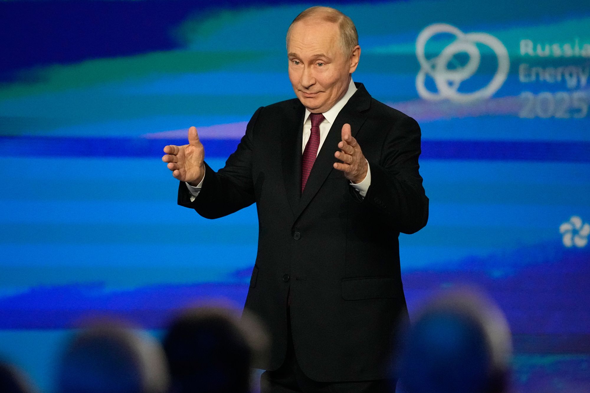 <p>Russian President Vladimir Putin gestures during a plenary session of the Russian Energy Week forum at Moscow Manege in Moscow, Russia, Thursday, Oct. 16, 2025. (AP Photo/Alexander Zemlianichenko, Pool)</p>