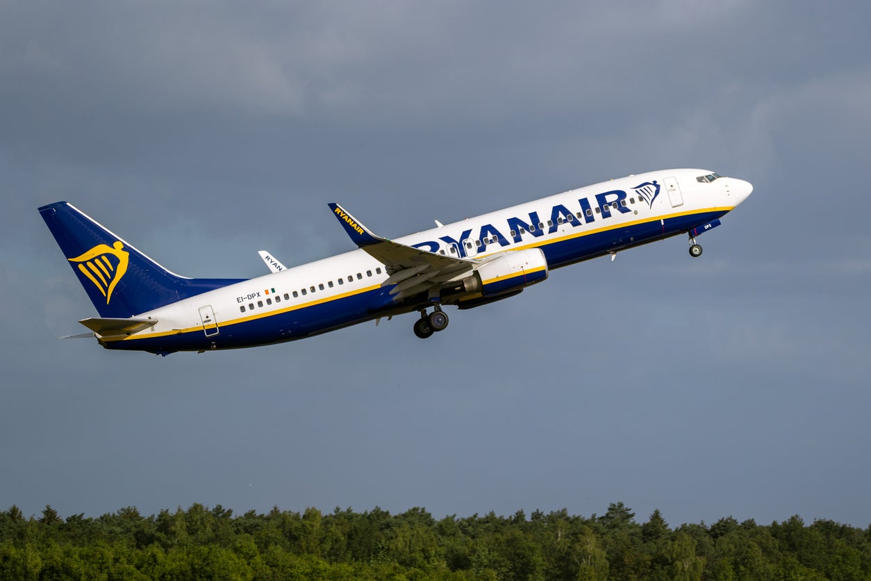 <p>Ryanair Boeing 737 passenger jet taking off from Eindhoven Airport</p>