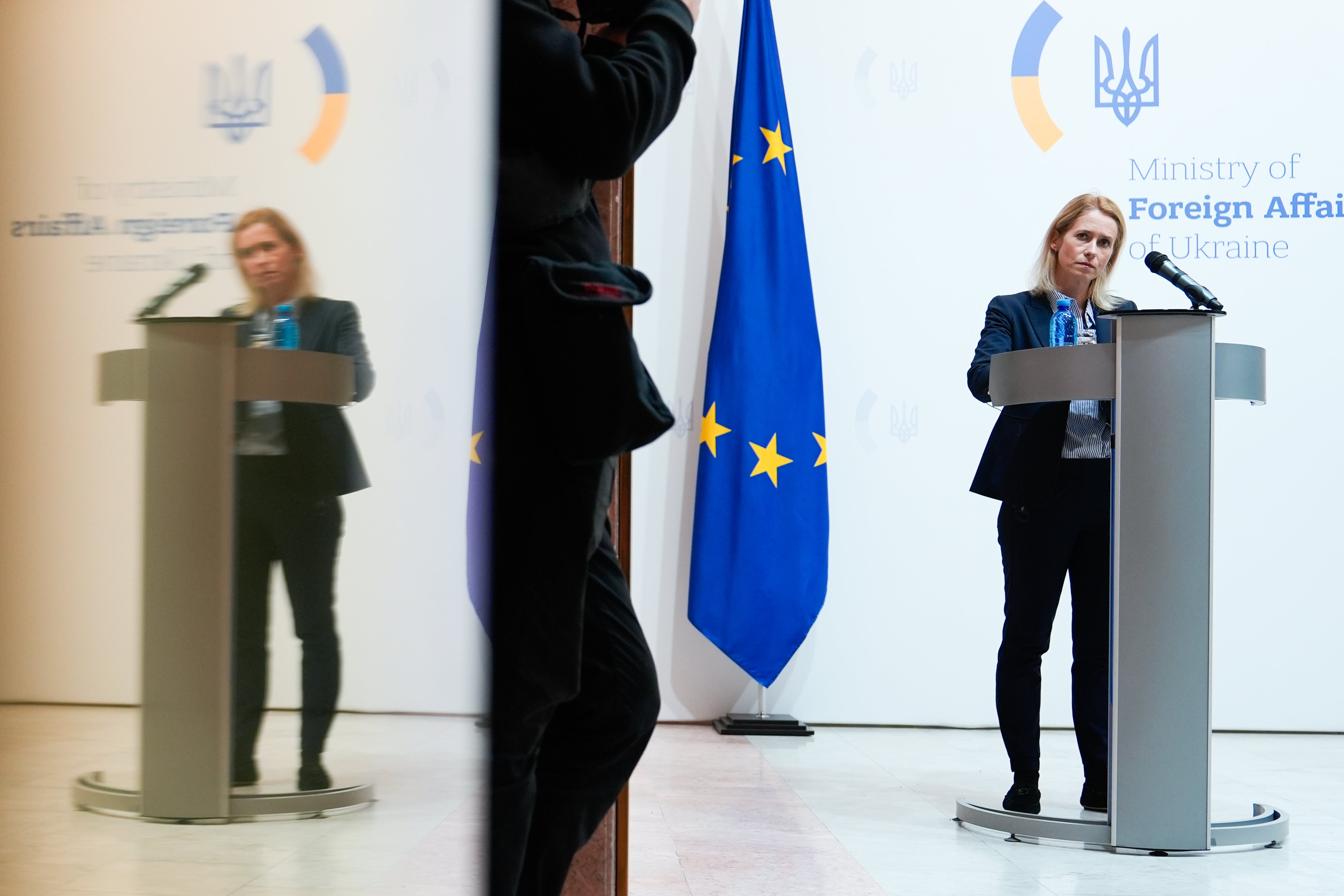 High Representative of the European Union for Foreign Affairs and Security Policy Kaja Kallas speaks during a news conference