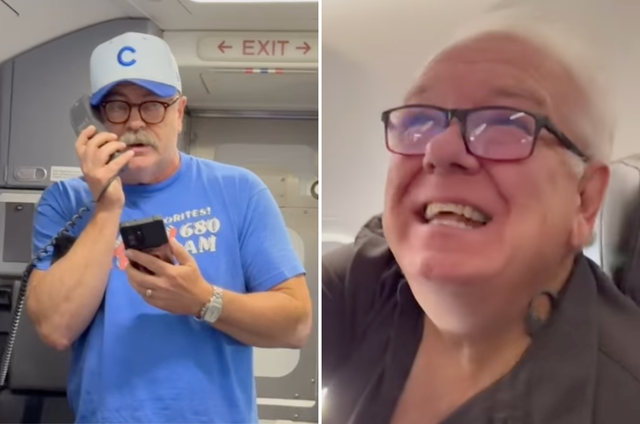 <p>Nick Offerman (left) punked his former Parks and Rec co-star Jim O'Heir on a recent flight to Indianapolis</p>