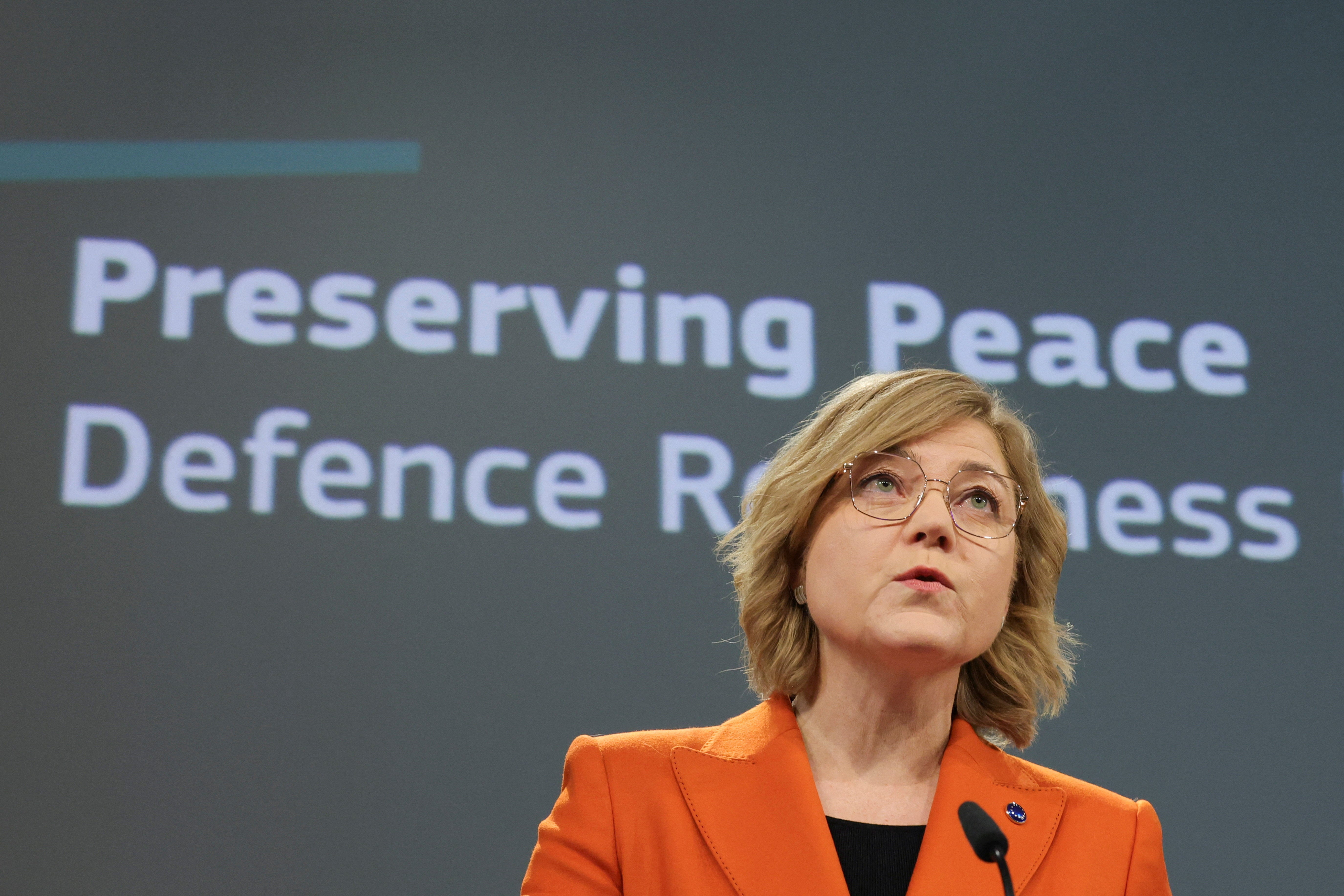 <p>EU High Representative for Foreign Affairs and Security Policy Kallas presents a "Defence Readiness Roadmap 2030", in Brussels</p>