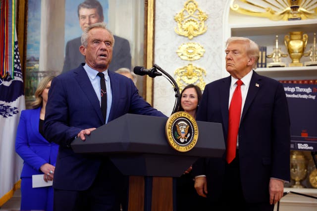 <p>Health and Human Services Secretary Robert F Kennedy Jr talks about teenage sperm counts at the White House on Thursday October 16 2025 as President Donald Trump looks on</p>