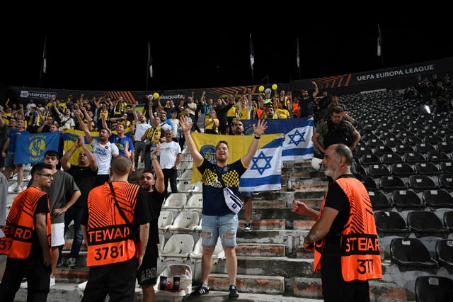 <p>Maccabi Tel Aviv’s fans at the end of their Europa League match against PAOK in Thessaloniki, Greece in September</p>