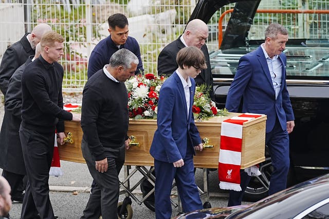Matt Beard’s son Harry Beard (front right) and brother Mark Beard (front left) carrying his coffin before the memorial service in Liverpool (Peter Byrne/PA)