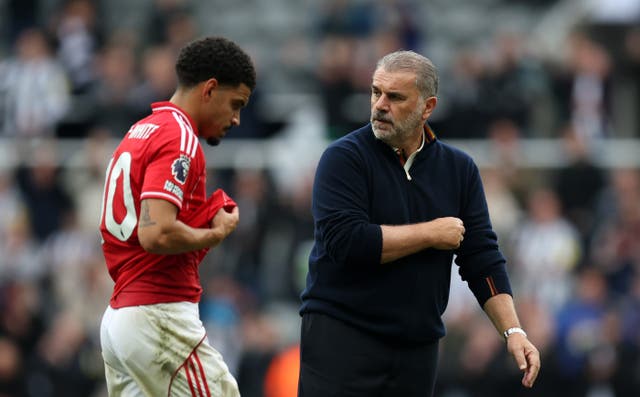 <p>Ange Postecoglou, Head Coach of Nottingham Forest looks on beside Morgan Gibbs-White of Nottingham Forest</p>