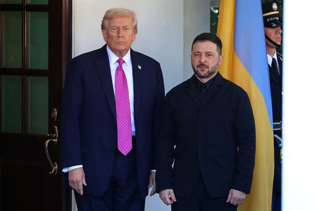 <p>President Donald Trump welcomes Ukrainian President Volodymyr Zelensky as he arrives for a meeting at the White House in Washington, DC, on October 17, 2025</p>