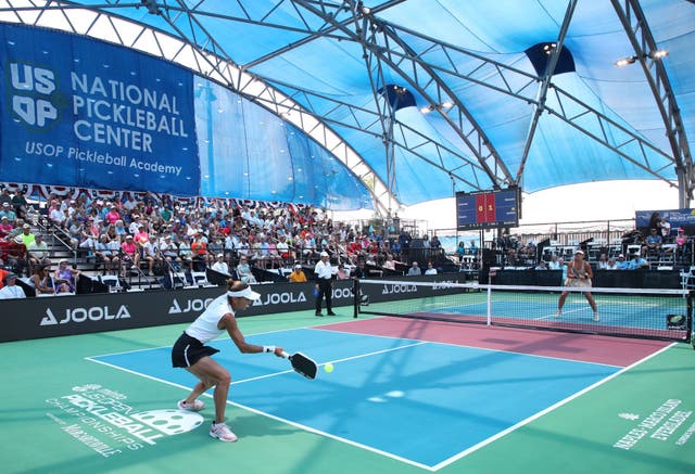 <p>Simone Jardim hits a forehand drive shot against Amanda Hendry during the 2025 US Open Pickleball Championships</p>