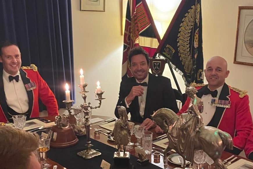 <p>Jimmy Fallon with soldiers from 5Scots as he visited Victoria Barracks, Ballater </p>