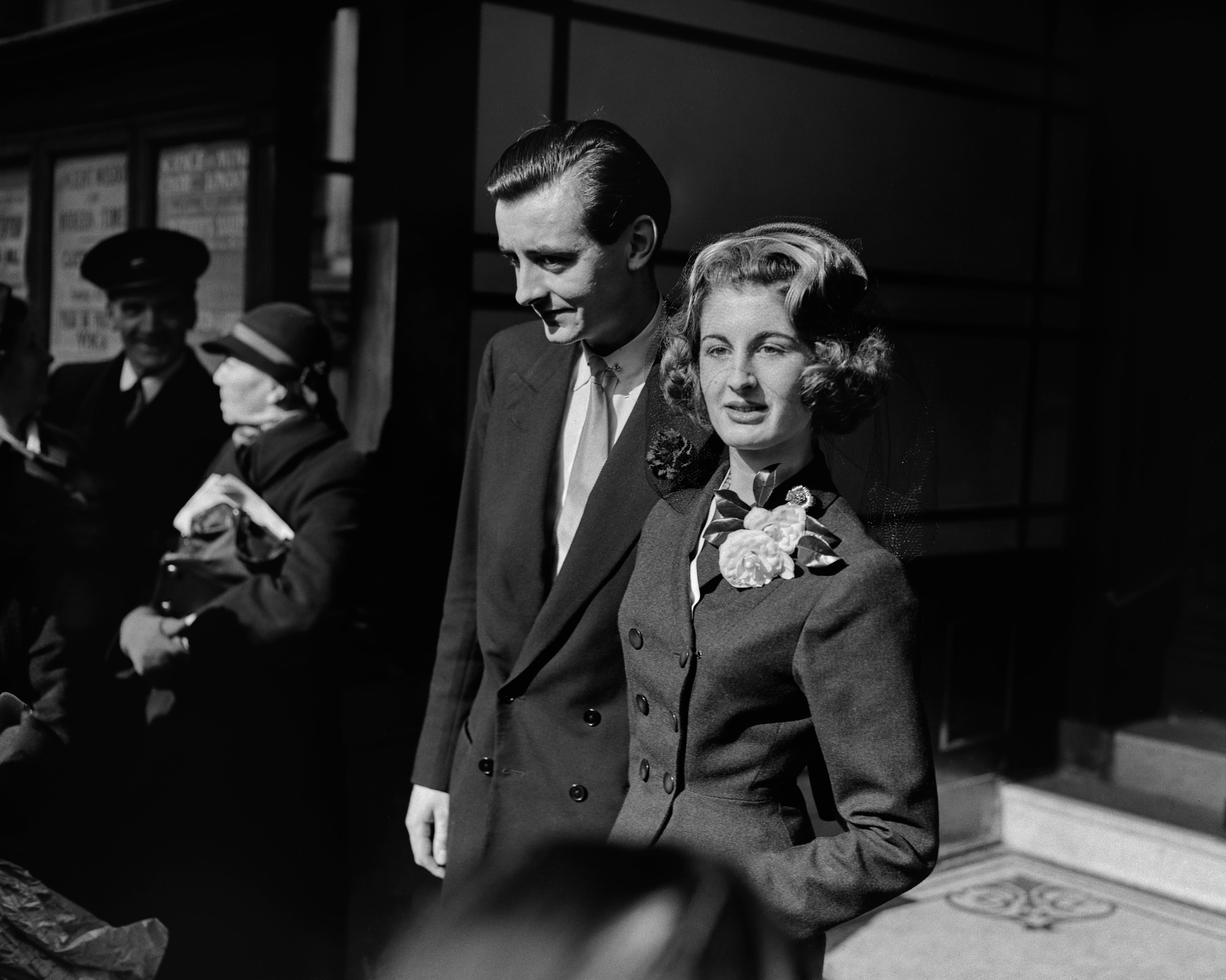 Lady Annabel Vine-Tempest-Stewart (later Annabel Goldsmith) with her husband, entrepreneur Mark Birley (Marcus Birley, 1930-2007) on their wedding day, March 10th 1954.