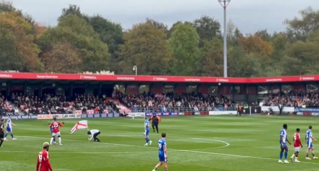 <p>Pitch invaders plant an England flag in the middle of the pitch at Salford City</p>