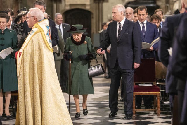 <p>Queen Elizabeth II and the then-Duke of York arrive at a Service of Thanksgiving for the life of the Duke of Edinburgh during the Platinum Jubilee year</p>