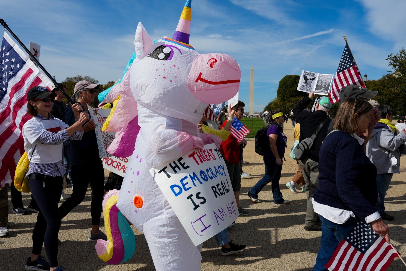 A demonstrator wearing a unicorn costume holds a placard during protest in Washington, D.C.