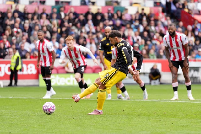 Manchester United’s Bruno Fernandes misses a penalty against Brentford (Adam Davy/PA)