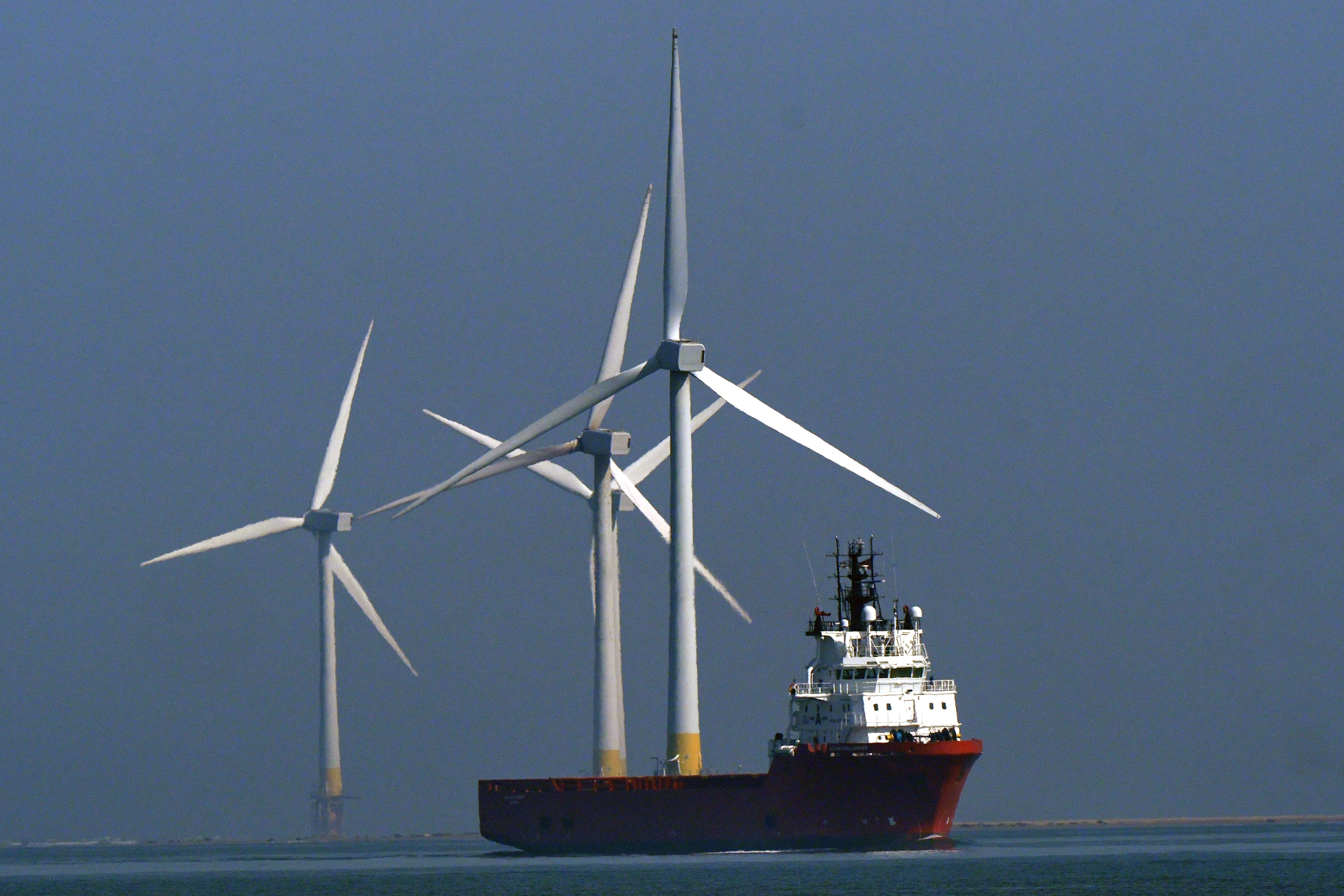 Supply ship Atlantica Carrier passing the Scroby Sands offshore wind farm, off the coast near Great Yarmouth, Norfolk. (Yui Mok/PA)
