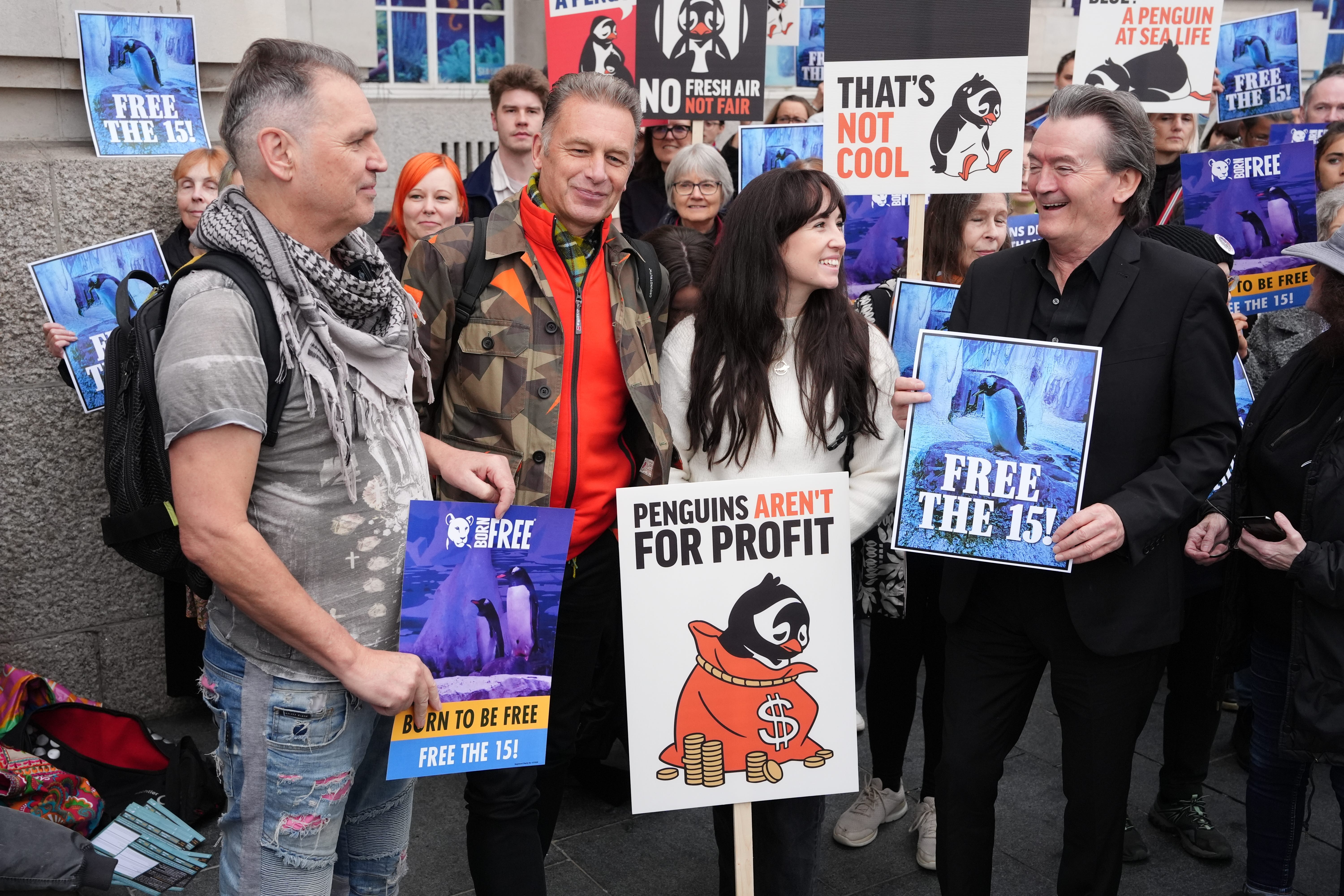 (left-right) Dale Vince, Chris Packham, Megan McCubbin and Feargal Sharkey at the Free the Fifteen protest organised by Freedom for Animals with support from Born Free, who are calling for a group of 15 Gentoo penguins to be freed from their basement enclosure, at Sea Life London (Jonathan Brady/PA)