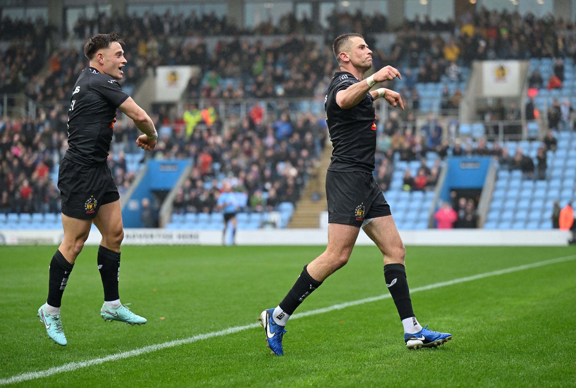 Harvey Skinner (right) scored for Exeter in an uber-impressive performance