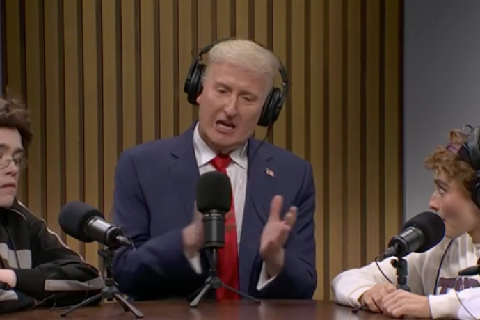 ‘Saturday Night Live’ featured a sketch tonight where Donald Trump podcasted about the No Kings protests, claiming they are ‘Yes, King’ marches in celebration of the president’s decision to free George Santos from prison