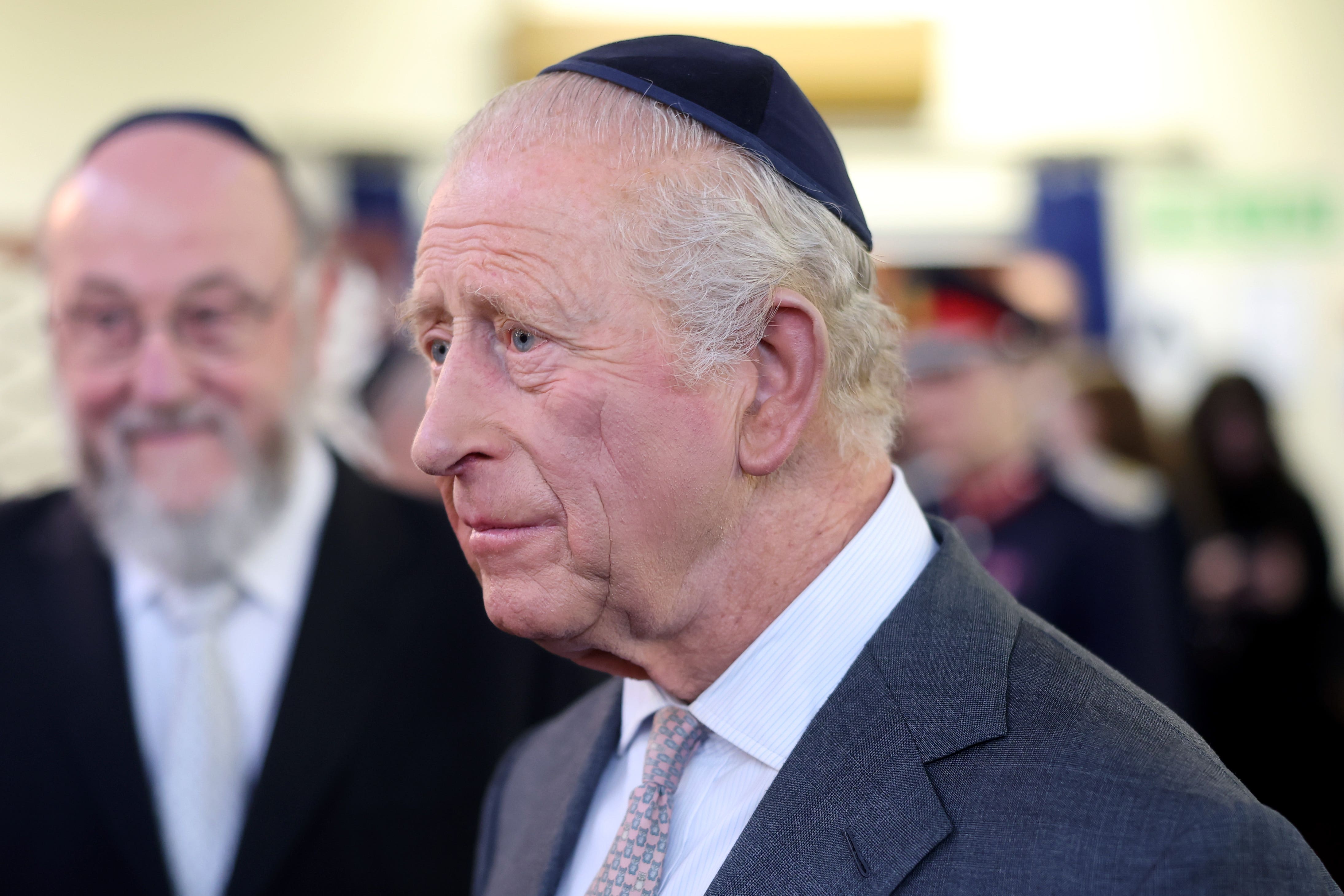 Charles wore a kippah during his visit to Heaton Park Hebrew Congregation Synagogue in Manchester, to meet members of the community, including some of those who were present during the October 2nd attack (Chris Jackson/PA)
