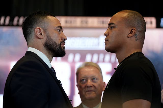 <p>Joseph Parker and Fabio Wardley, right, face off in London (Ben Whitley/PA)</p>
