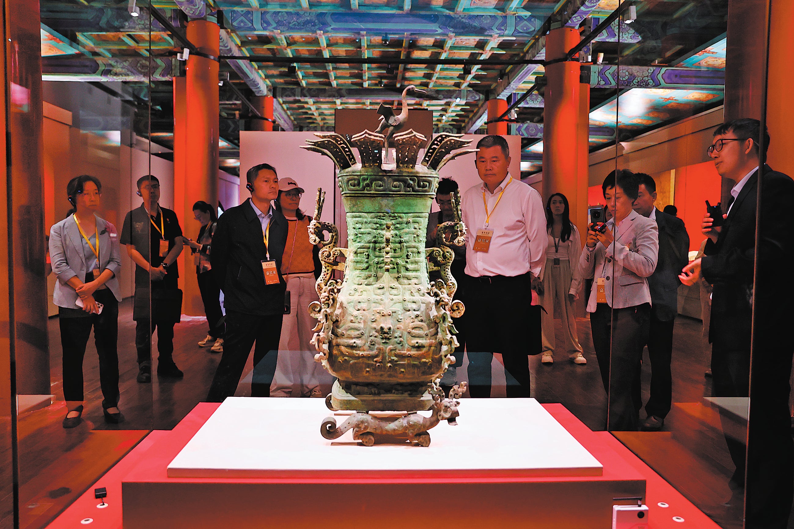 <p>Lianhe Fanghu, a bronze jar with lotus and crane decorations, on show in the exhibition ‘A Century of Stewardship: From the Forbidden City to the Palace Museum’</p>