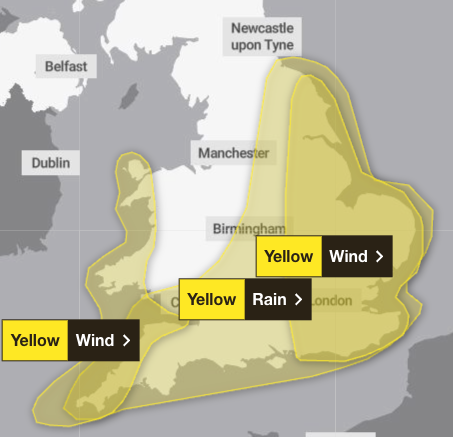 Met Office issues three yellow weather warnings for wind and rain across England and Wales