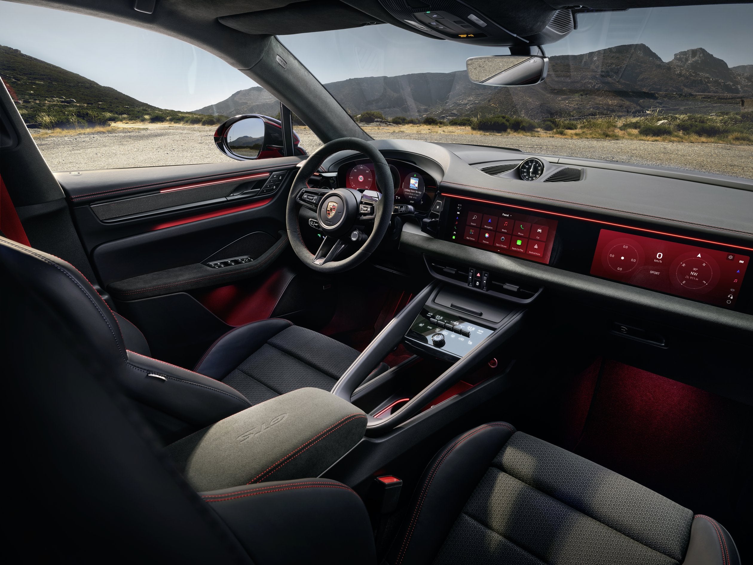 The Porsche Macan Electric GTS makeover continues on the inside, all the way onto the digital screens