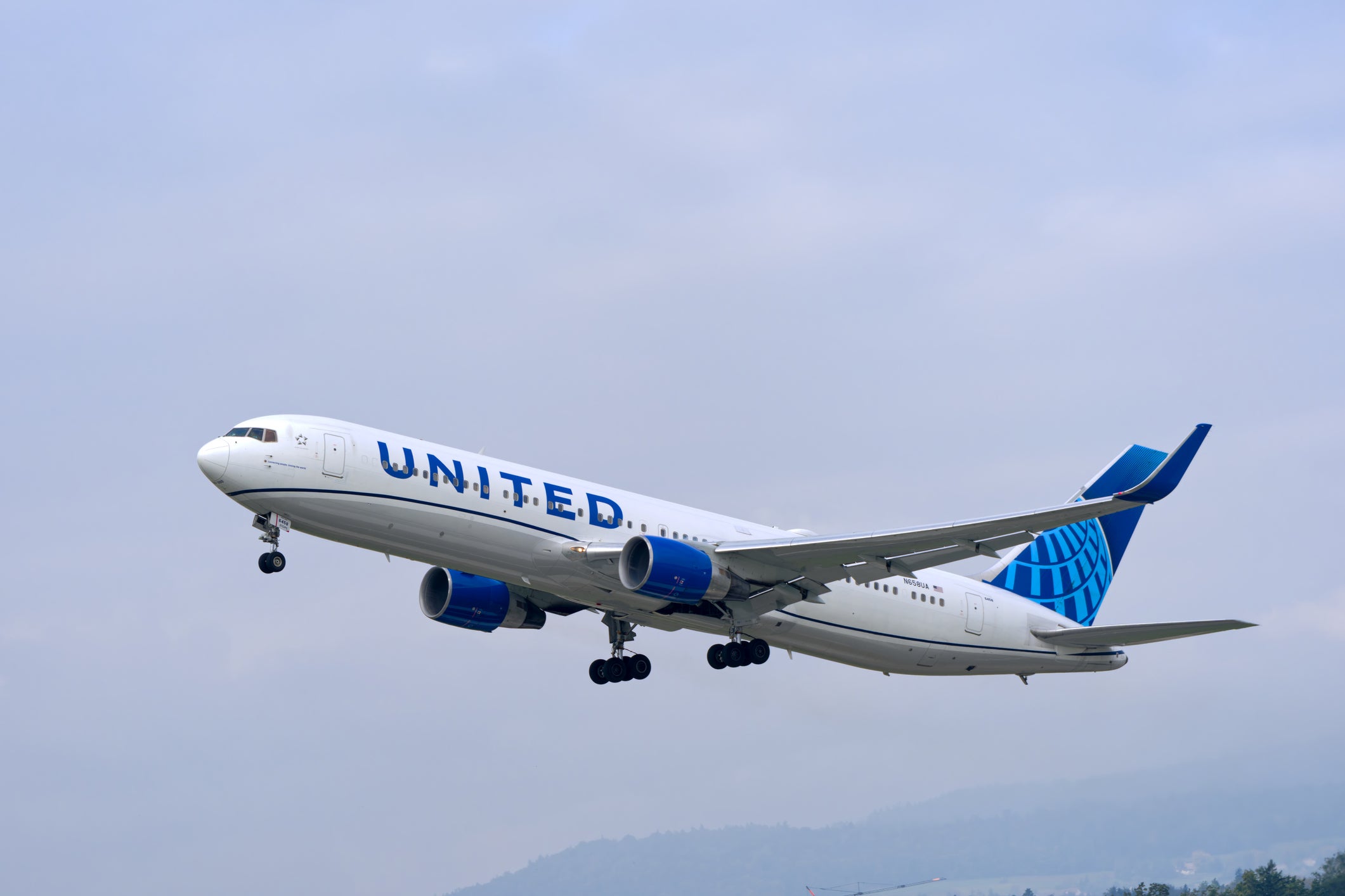 <p>United Airlines passenger airplane type Boeing 767-300 N658UA registration taking off from Swiss Zurich Airport on a cloudy autumn day. Photo taken September 29th, 2025, Zurich Kloten, Switzerland</p>