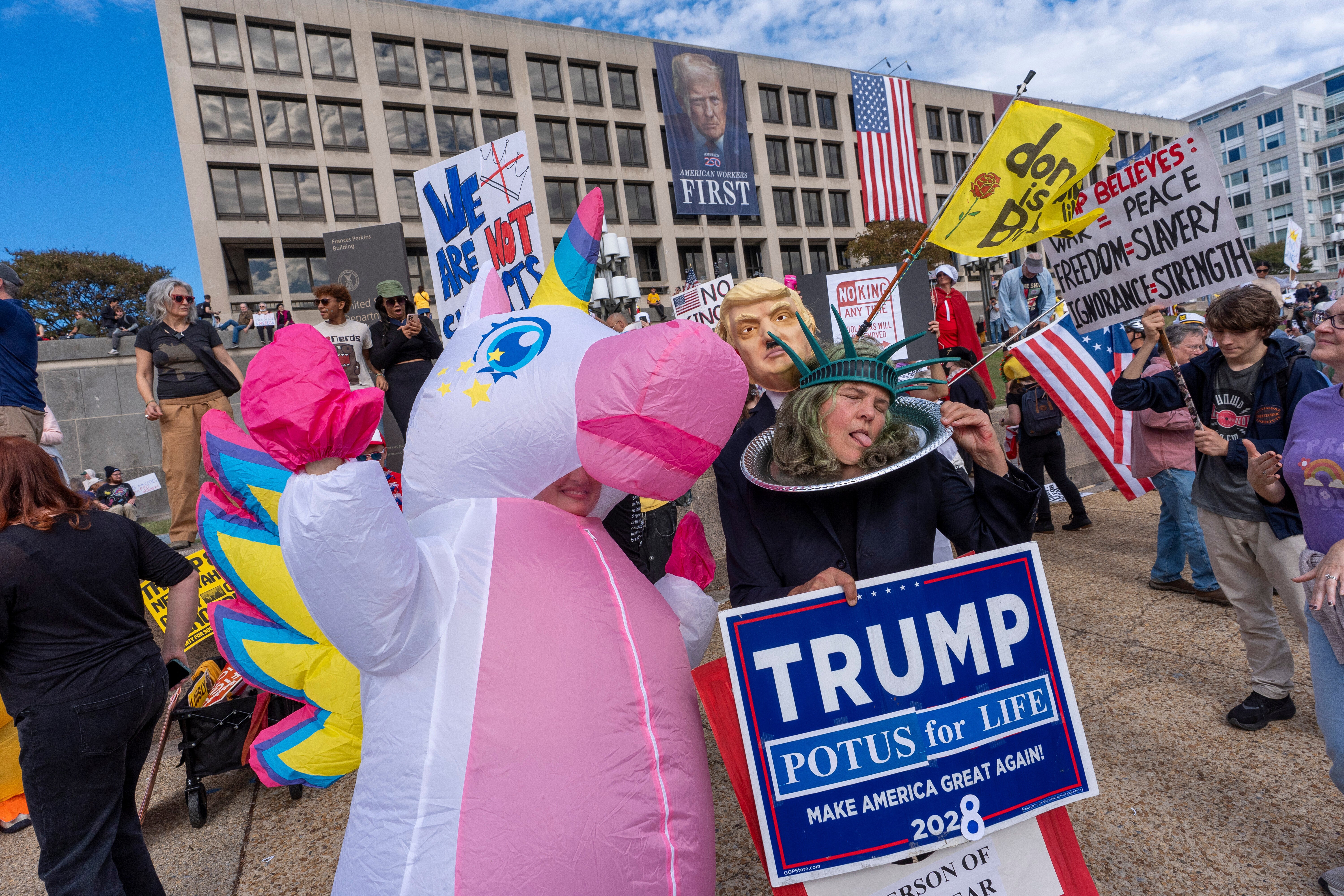 Millions of Americans participated in ‘No Kings’ protests, with some doing so in costume and telling The Independent it was to counter Trump’s narrative of ‘violence’