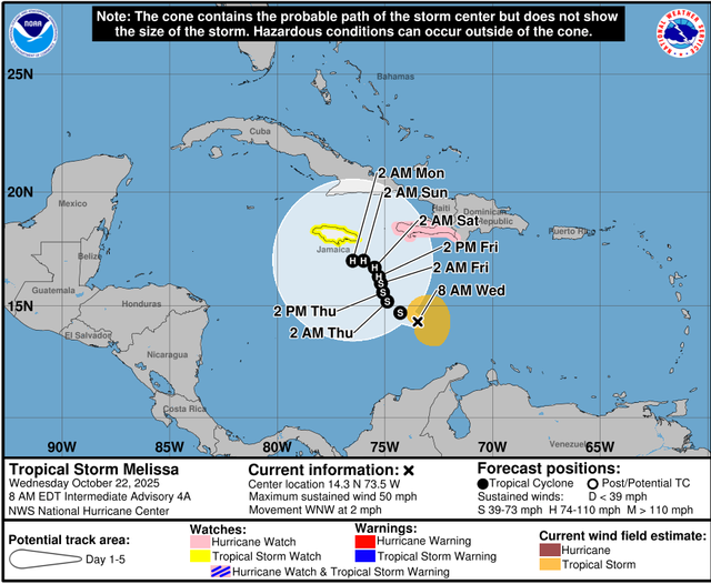 <p>A graphic shows the probable path of Tropical Storm Melissa, which is expected to strengthen into a hurricane this week</p>